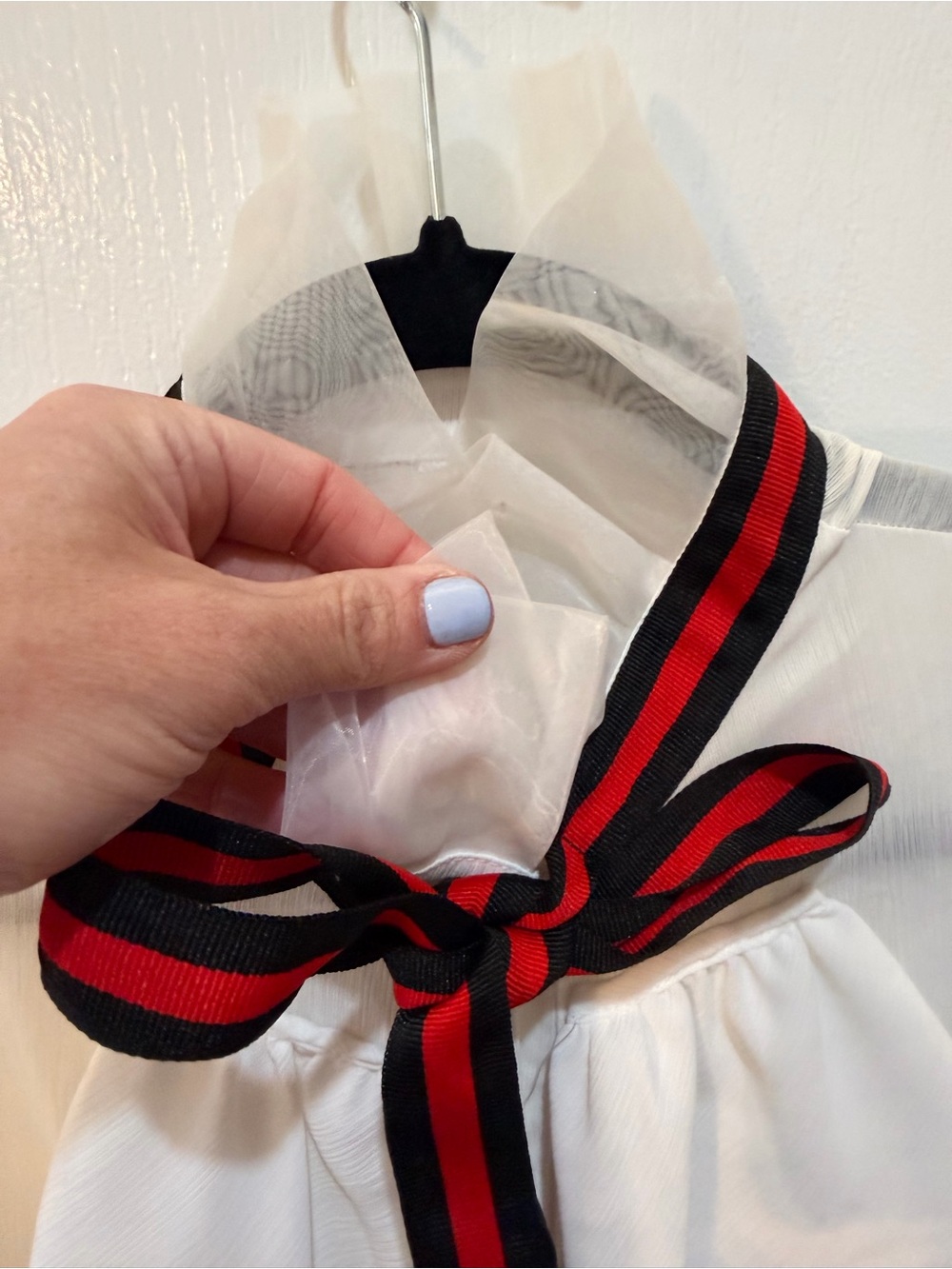 Vintage White Sheet Ruffle Blouse with Navy & Red Ribbon amazing Gold Buttons - Picture 10 of 11